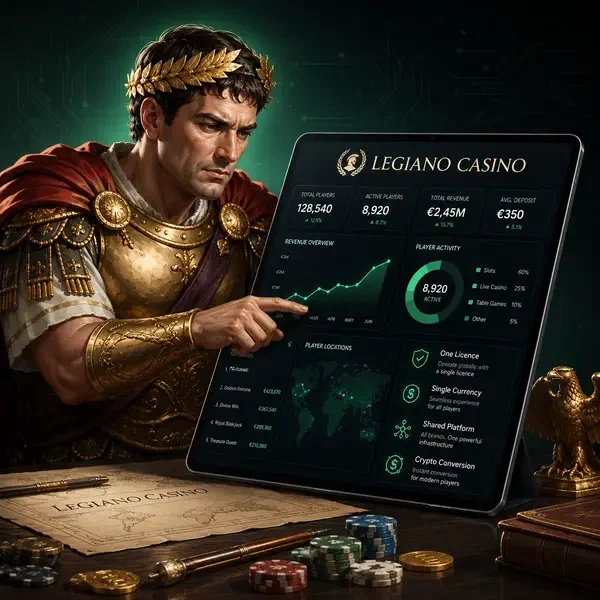 Professioneller Analyst überprüft Legiano Casino Daten auf leuchtendem Tablet-Bildschirm