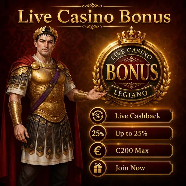 VIP-Spieler gestikuliert in Richtung Live-Casino-Bonus-Abzeichen im eleganten Legiano-Studio
