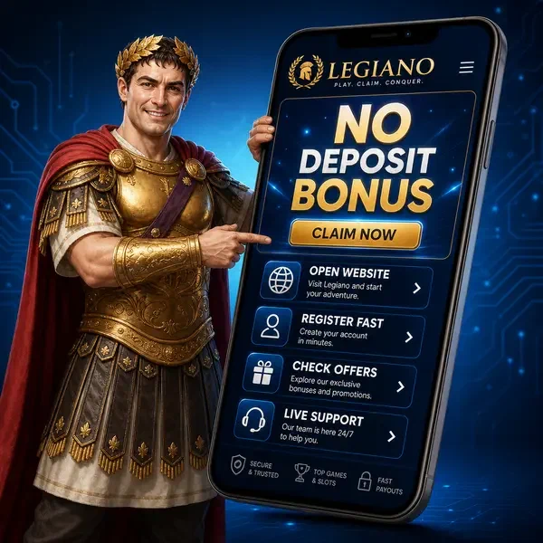 Spieler erkundet Legiano-Website auf Smartphone und beansprucht mühelos Bonus ohne Einzahlung